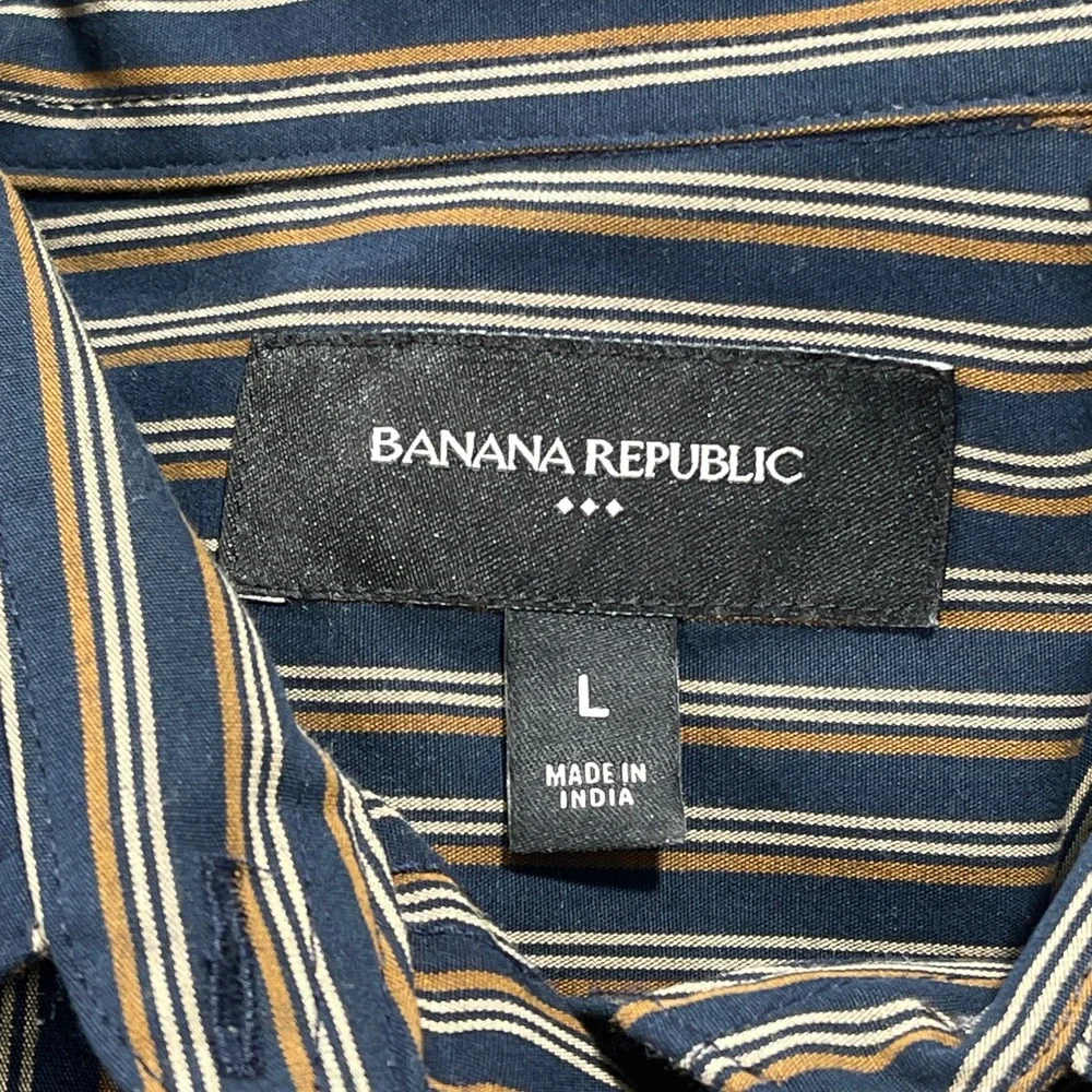 Banana Republic‎ LS Cropped Shirt Mens L Navy Stripe Cotton 526940-00
